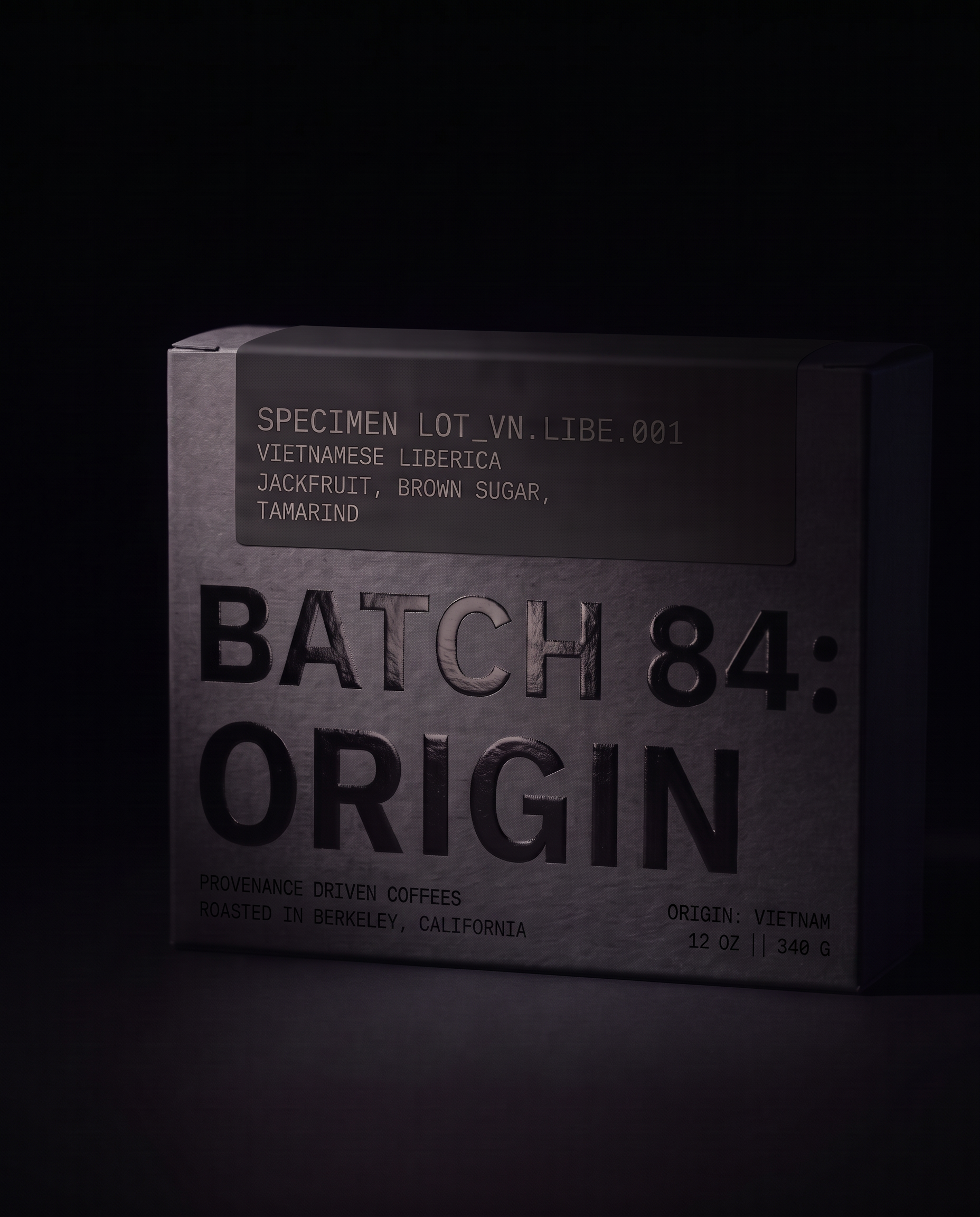 BATCH 84: ORIGIN Vietnamese Liberica coffee box on dark background